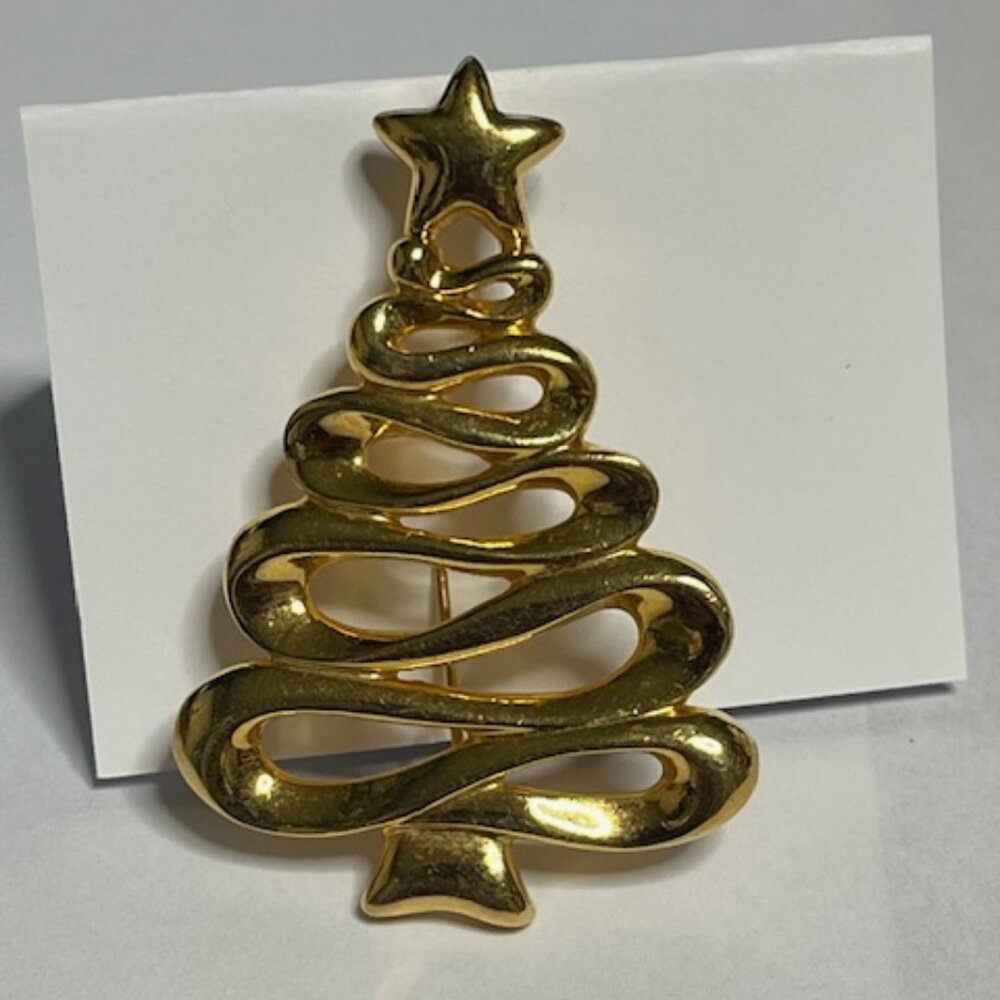 VTG Gold Tone Swirl Wispy Christmas Tree w/Star Brooch Pin 1.5"x2.25"